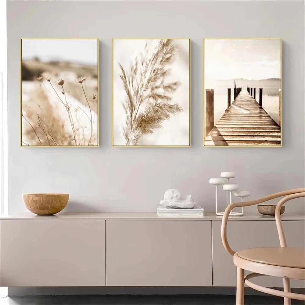 WUHBCZ Canvas Paints-Abstract Natural Landscape Painting Poster Beige Reed Print Painting Hay Wall Art Bridge Painting Nordic Living Room Home Decoration Picture-60 * 70cm/3PCS (No Frame)