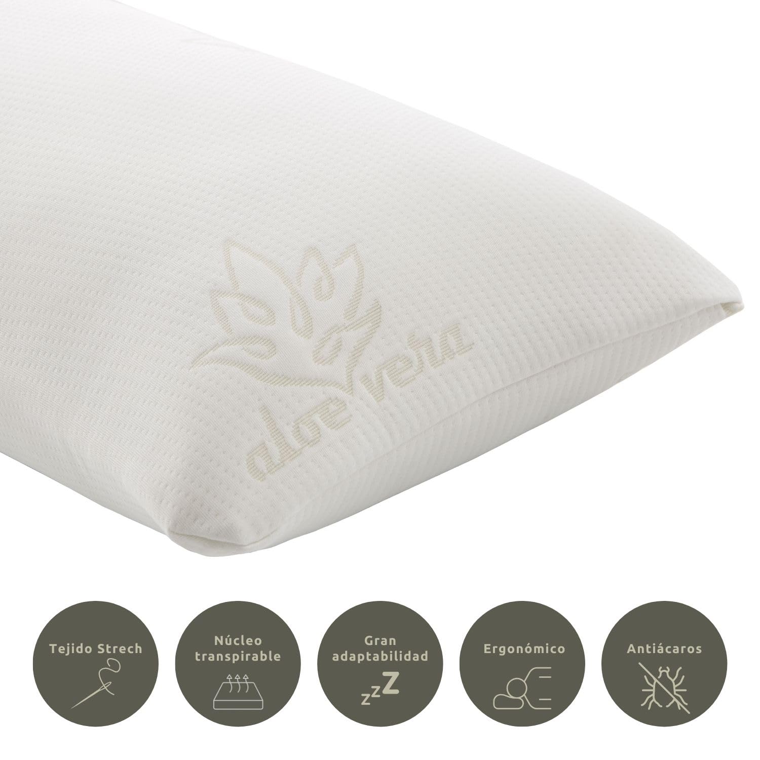 Donegal Collections - Almohada Viscoelastica 150 Aloe Vera - Almohada 150 cm - Tejido Strech Aloe Vera, Copos 100% Viscoelásticos - Firmeza Media-Alta, Termoregulable Antiácaros Fabricado en España