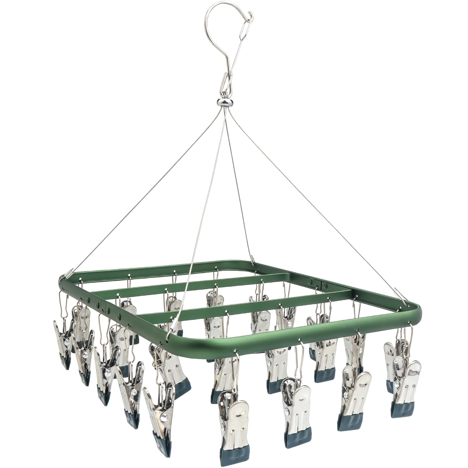 Lhnndm Green Sock Drying Racks With 26 Clips,Metal Sock Hangers With Clips For Washing Line, Foldable Laundry Clip With Windproof Hook,Towels, Underwear, Lingerie, Bras (Green)