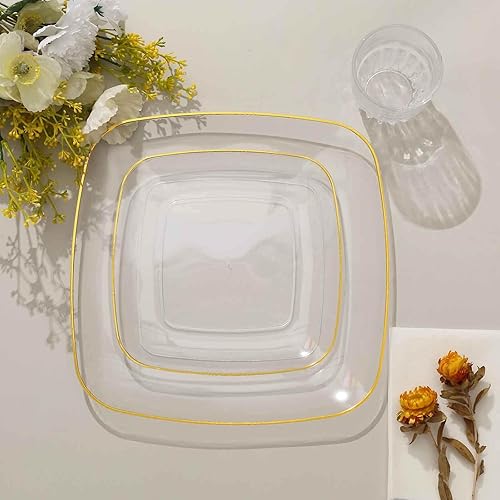 Miniatura 2 de Efavormart - Paquete de 10 platos cuadrados de plástico transparente de 7 pulgadas con borde dorado platos de ensalada desechables para aperitivos