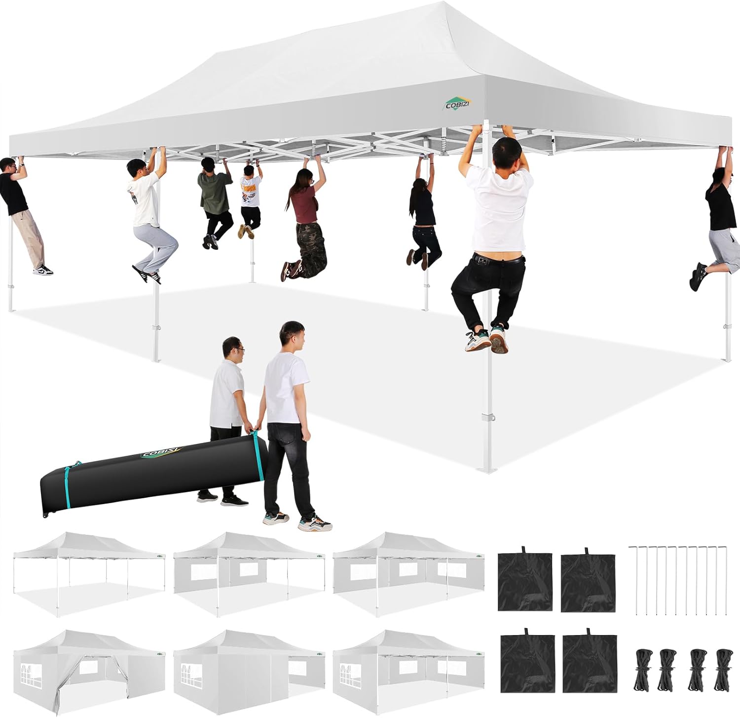 COBIZI 13x26 Heavy Duty Pop Up Canopy with 6 Sidewalls Party Tent Outdoor Wedding Large Event Tent with Roller Bag for Garden Lawn Waterproof UPF 50+ Ez Up, White (Framework Upgraded) White 13x26FT