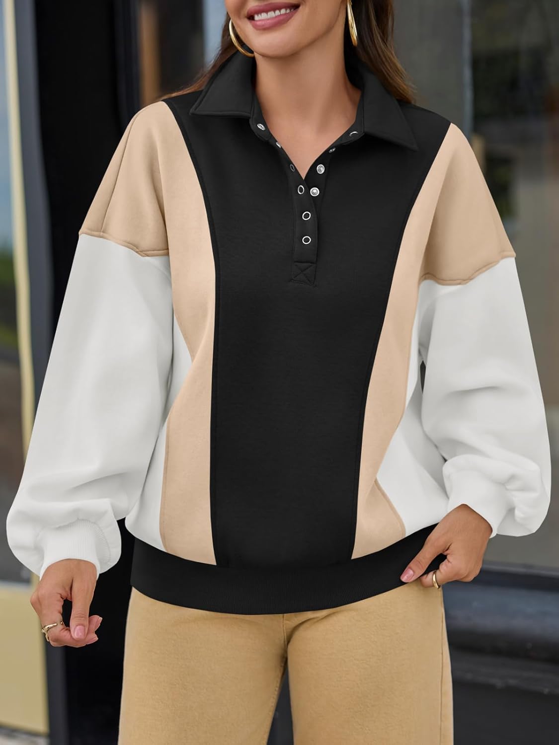 Fisoew Womens Color Block Sweatshirt Casual Long Sleeve Henley Neck Button Loose Pullover Tops - Image 3
