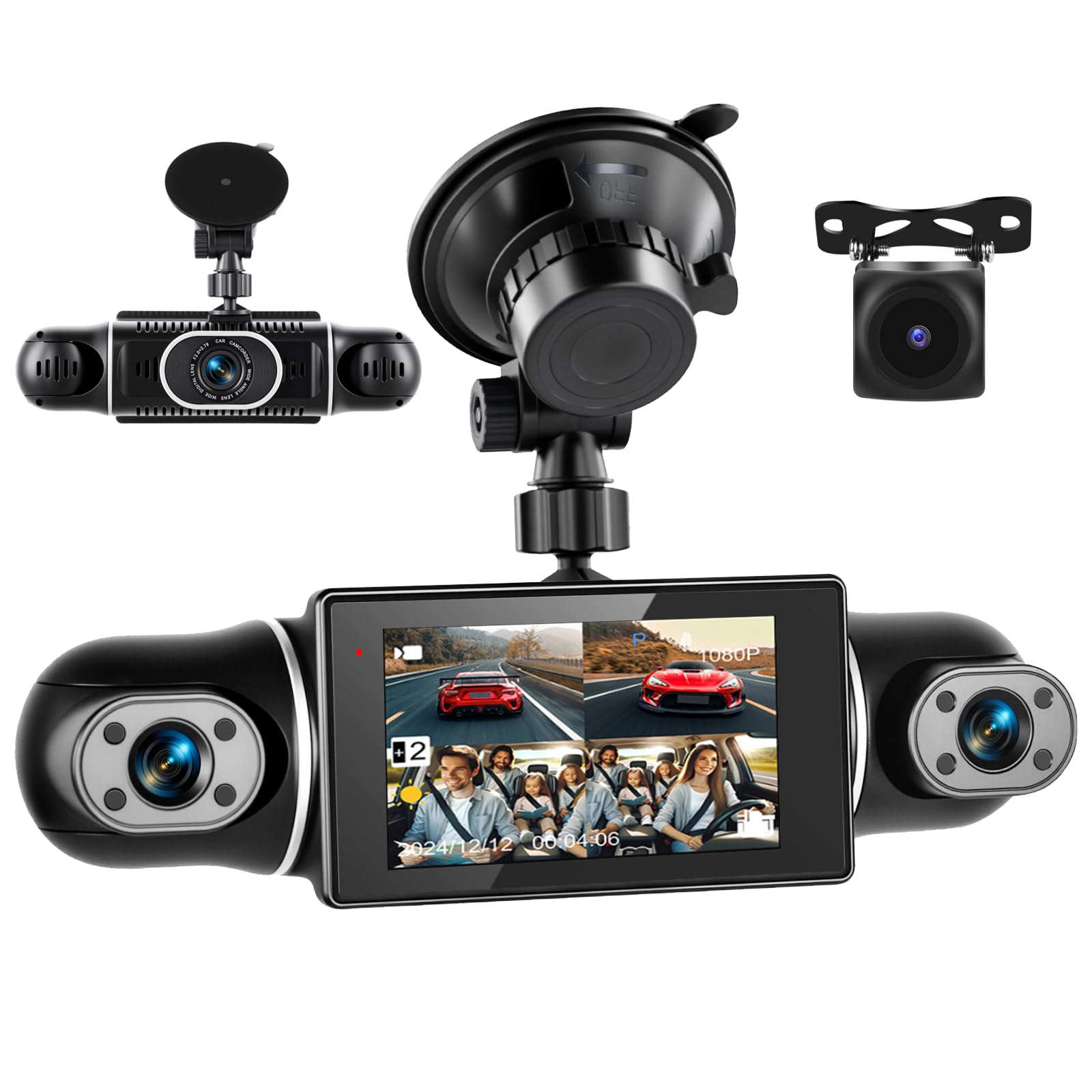 Inefala 2K Front Camera Car Recorder with 3 Inch IPS Screen, 4 Cameras, 4 Channel G-Sensor, Motion Detection, 24 Hour Loop Recording, Parking Mode