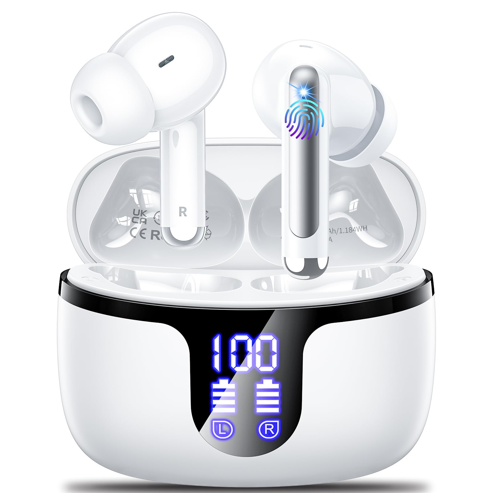 Wireless Earbuds, Bluetooth 5.4 Headphones, 50H Playback Deep Bass Stereo Ear Buds with LED Power Display Charging Case, IPX7 Waterproof in-Ear Earbuds for Smart Phone Laptop Computer Sports White