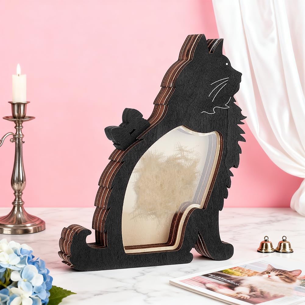 PH PandaHall Cat Hair Keepsake Box Wooden Pet Fur Keepsake Box, Black Cat Shaped Pet Hair Container Standable Tabletop Display Memorial Gift for Pets Lover Family Friends, 7.1x5.8 inch
