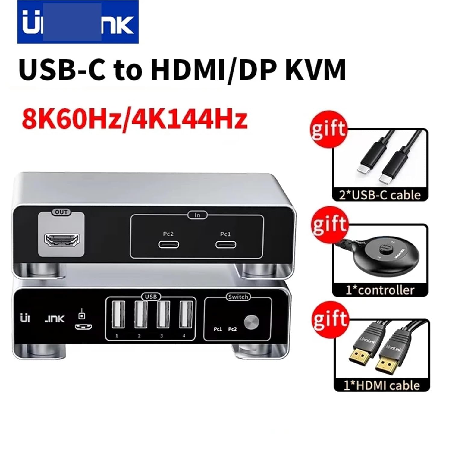 USB C KVM Switch 2x1 8K60Hz 4K144Hz Type C Thunderbolt 4 to HDMI DP KVM Switcher with Controller for Ma*cbook PC Ma*c Mini(USB C to DP)