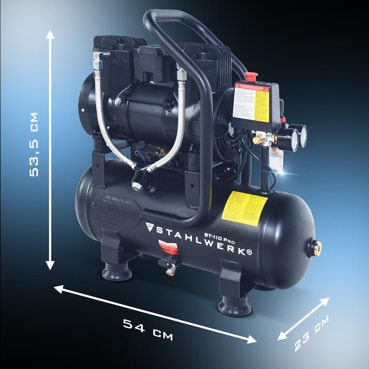 STAHLWERK ST-110 Pro kompresor 10 l, bezolejowy i cichy, 8 bar, sprężarka sprężonego powietrza z silnikami bezszczotkowymi, 1,97 KM, 1,45 kW, 250 l/min, cicha sprężarka, kompresor tłokowy, sprężarka