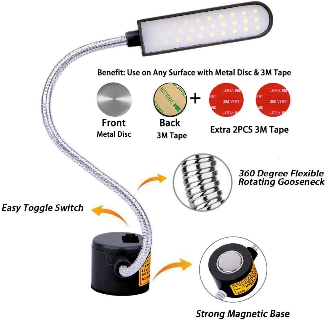 Sewing Machine Light LED Lighting (30LEDs) 6 Watt Multifunctional Flexible Gooseneck Arm Work Lamp with Magnetic Mounting Base for Workbench Lathe Drill Press 2 Pack