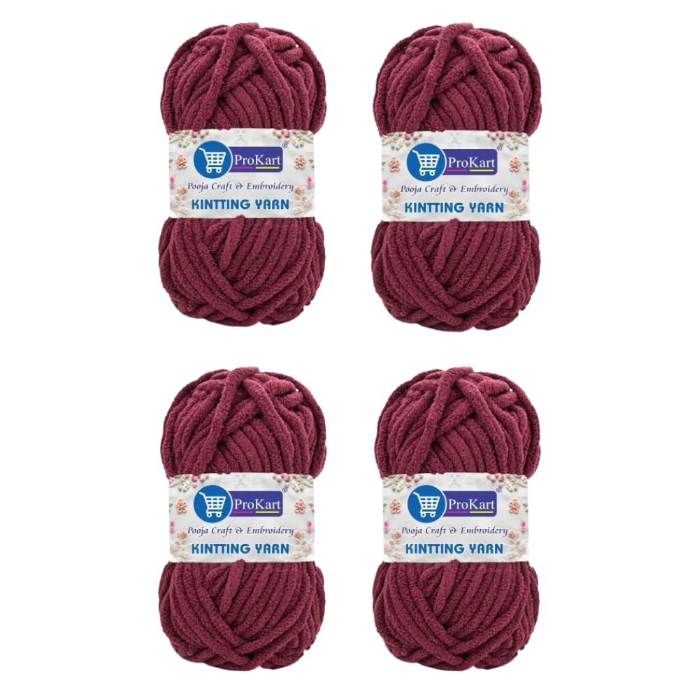 ProKart Premium Blankie Wool, Plush & Cuddly, Chenille Yarn Supersoft Hand Knitting Wool Ball | Blanket Thick/Mottu Yarn Ball Suitable for Hand Knitting and Crocheting for Baby, Adult, Sweaters, caps, Throws, Home Furnishing, Scarves, Blankets (Maroon, 100gms x 4 Pack)