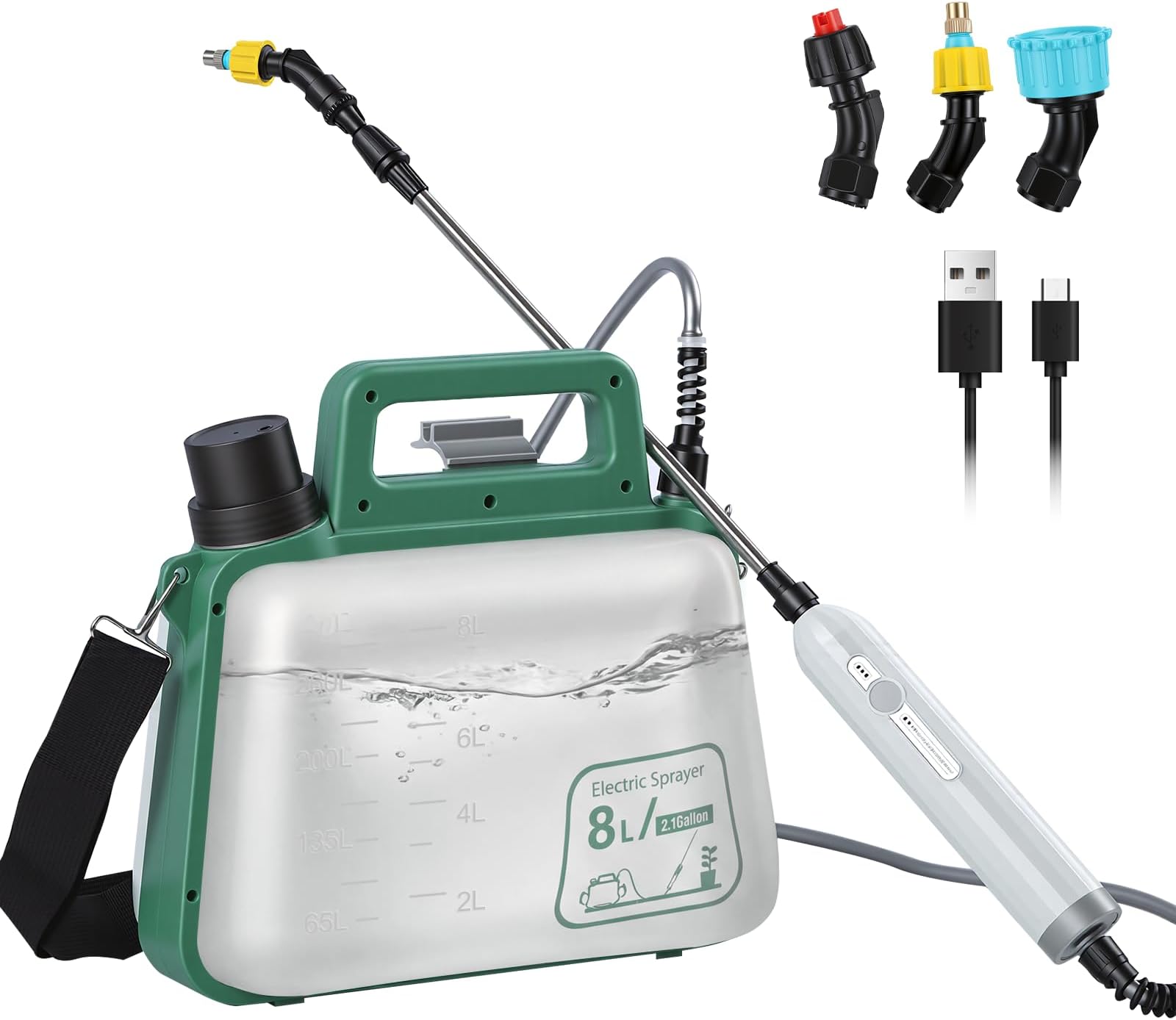 – Upgraded 8L Electric Sprayer Battery Powered with 3 Mist Nozzles Portable Garden Weed Water Sprayer with Retractable Wand, USB Rechargeable Handle, Shoulder Strap for Outdoor