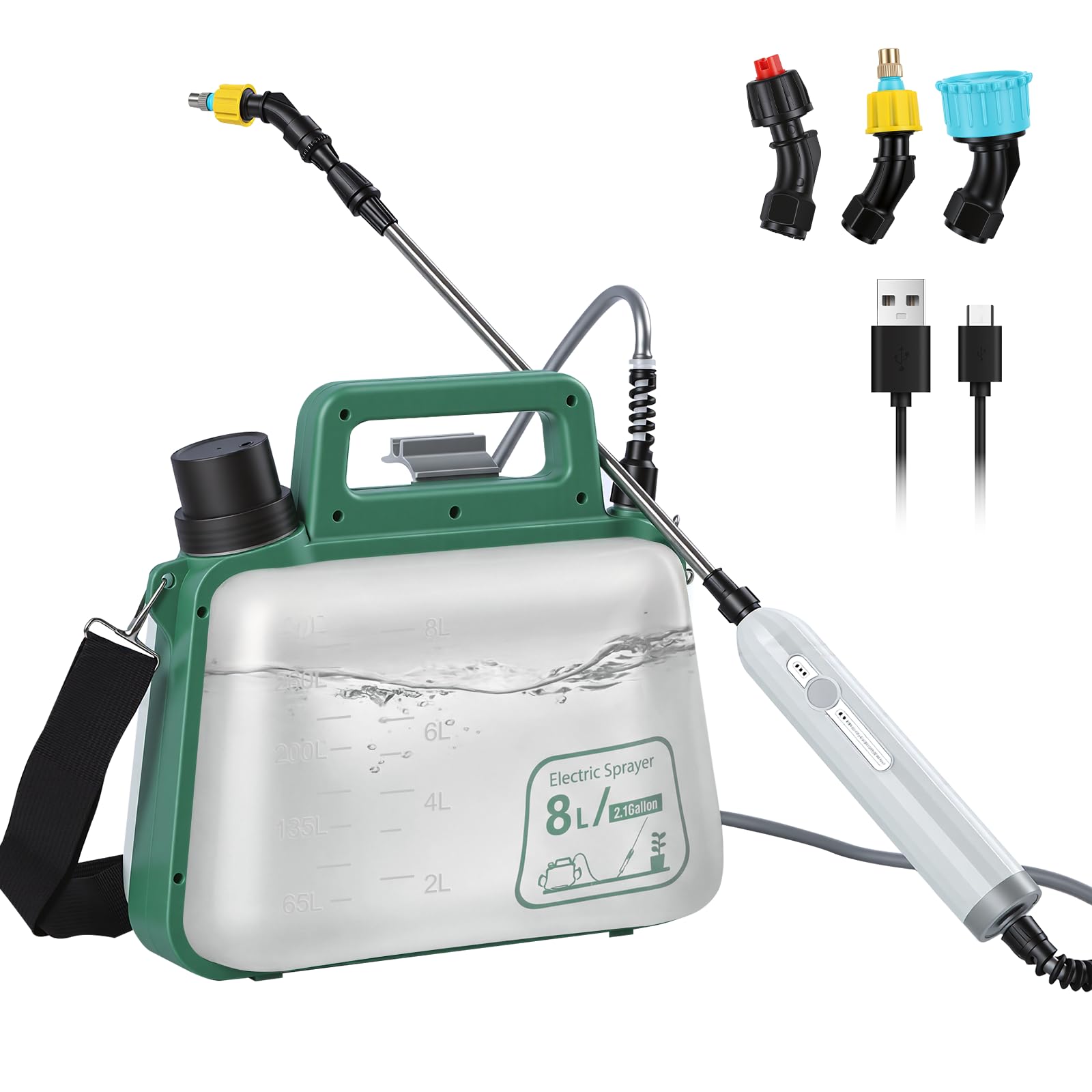 Panana Upgraded 8L Electric Sprayer Battery Powered with 3 Mist Nozzles Portable Garden Weed Water Sprayer with Retractable Wand, USB Rechargeable Handle, Shoulder Strap for Outdoor