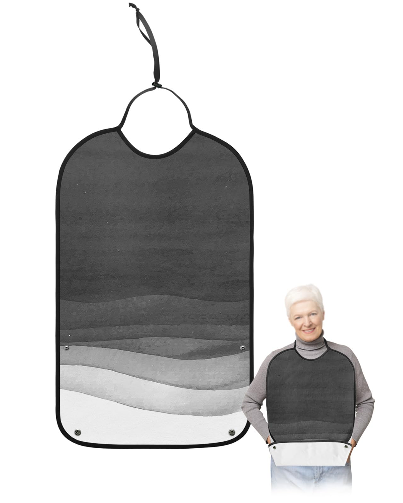 Black Ombre Adult Bibs for Eating, Waterproof Bibs with Food Catcher & Adjustable Snap Closure, Watercolor White Modern Abstract Art Aesthetics Clothing Protectors Adult Bibs for Elderly Women/Men