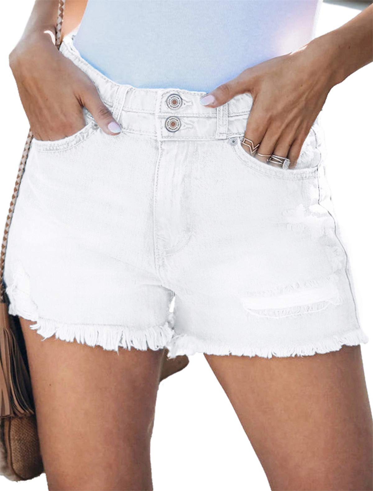 onlypuff Women's Ripped Mid Waisted Denim Shorts with Pockets