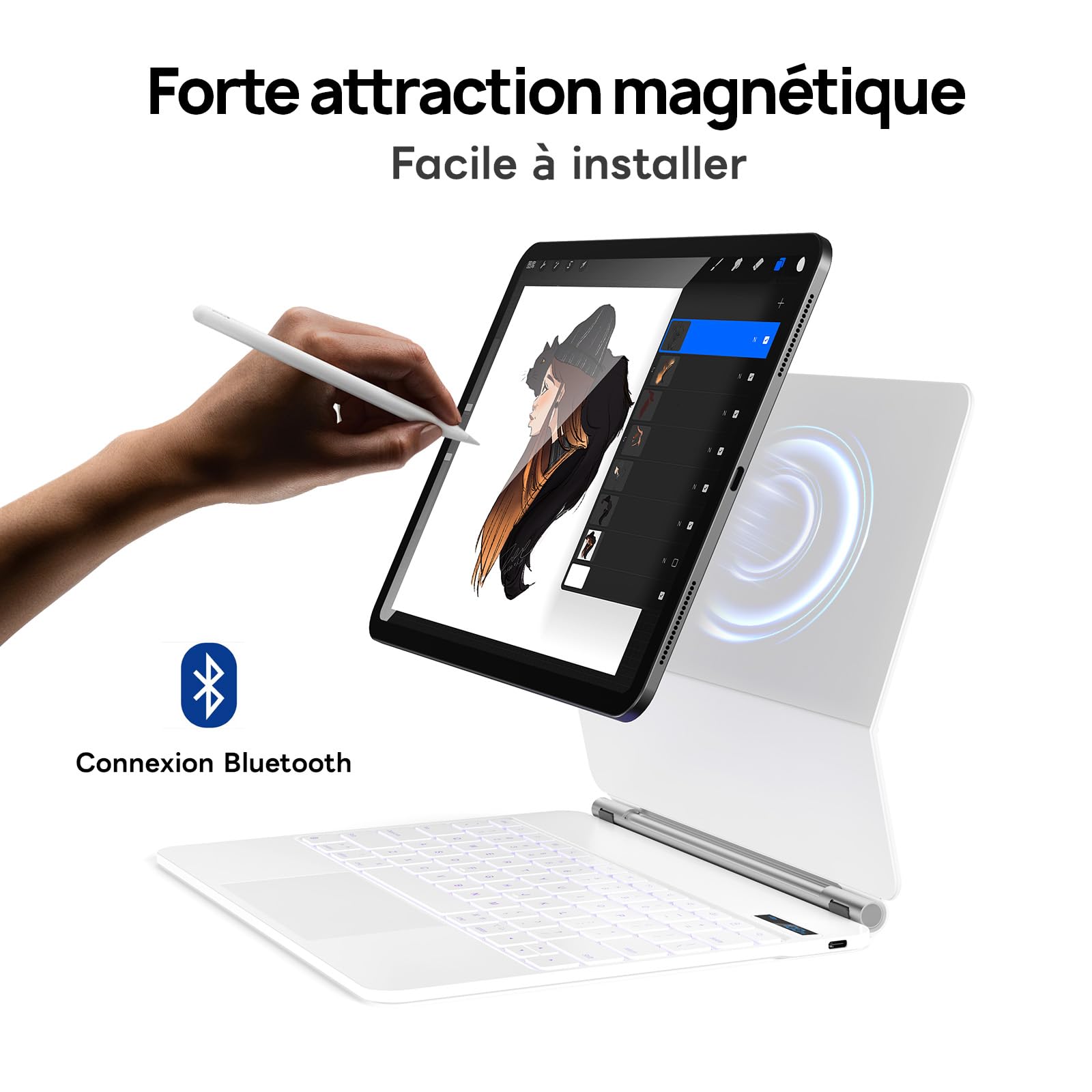 CSZZACME Clavier AZERTY Épuré pour iPad Air 13 Pouces M4/M3/M2 & iPad Pro 12,9" (6e/5e/4e/3e Gen) avec Trackpad Multitâche, Rétro-éclairage, Touches Raccourci, Fixation Magnétique, Blanc