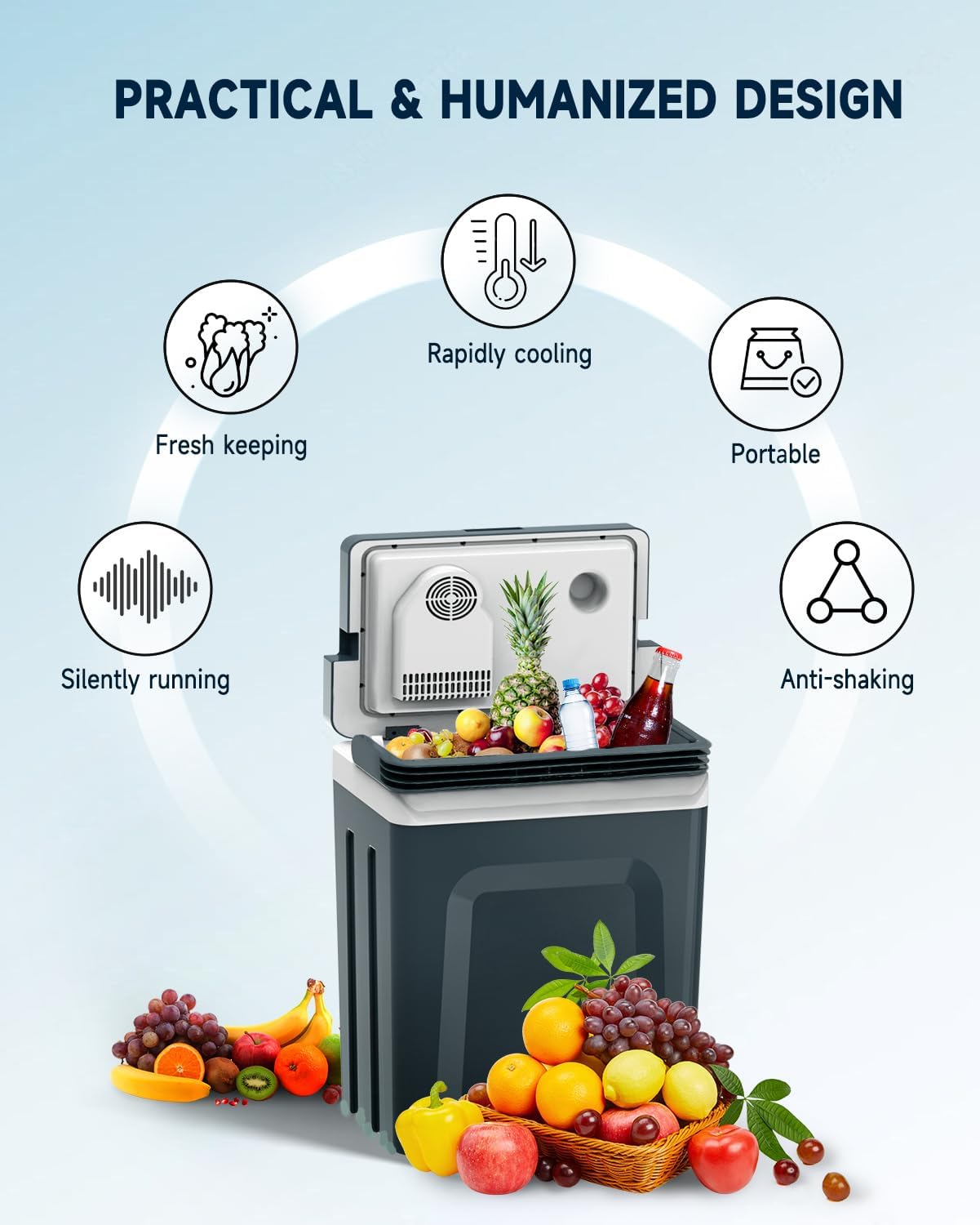SubSun Electric Cooler and Warmer with Handle，27 Quart (25 L) Portable Thermoelectric Fridge， Car Fridge Cooler with 12V DC & 110 AC for Camping, Travel & Picnics,Grey