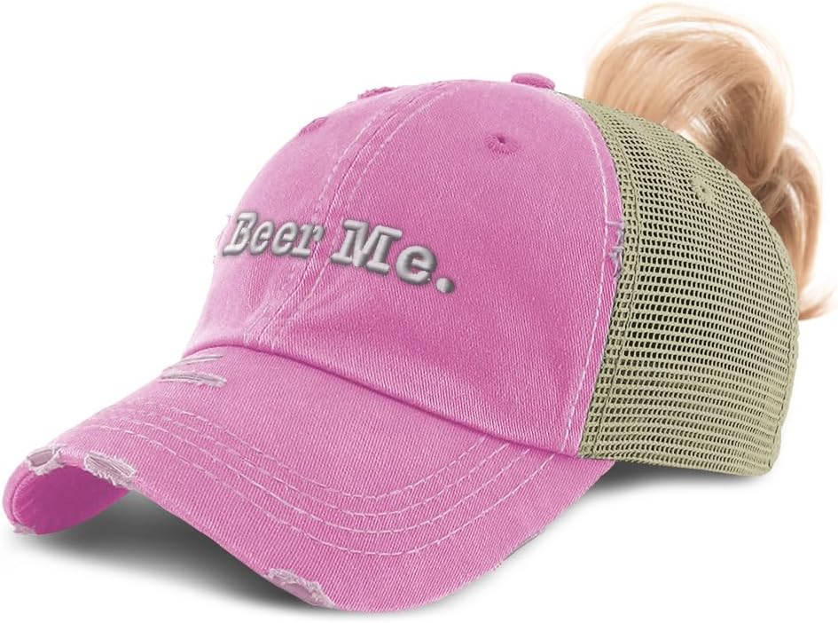 Speedy Pros Womens Ponytail Cap Beer Me Cotton Distressed Trucker Hats