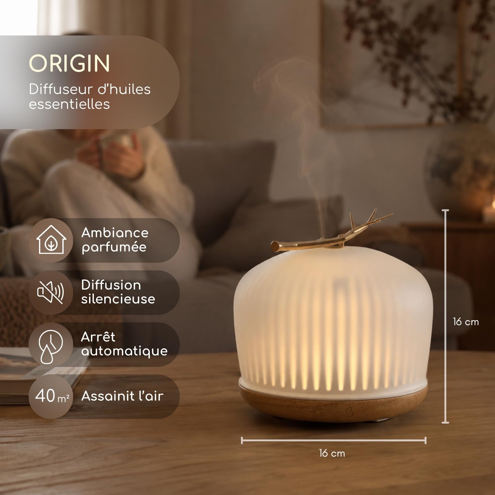 Zen’Arôme Diffuseur d’Huile Essentielle Origin – Diffuseur Ultrasonique Aromathérapie à Froid – Diffuseur Électrique pour Parfum Maison – Multifonction, Éclairage LED d’Ambiance, Silencieux et Chic