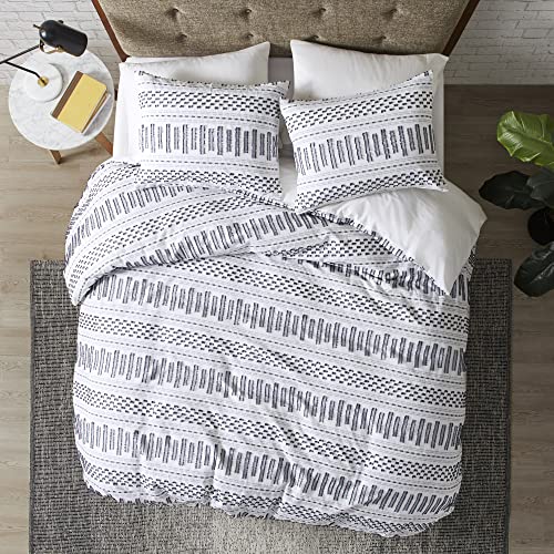 Image of INK+IVY Luxurious Cotton-Bedding Set - Mid Century Trendy Geometric Design, All Season Cozy-Cover With Matching-Shams, Full /Queen, Rhea Jacquard White /Navy