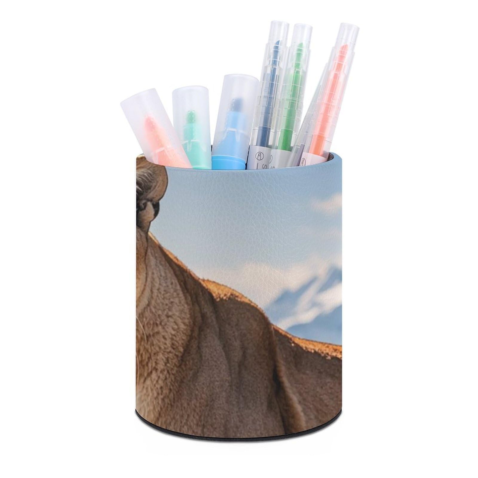 FekiLoot PU Leather Round Pen Holder Panther & Mountain Lion Pencil Holder Desk Organizer Pen Organizer Pen Cup Pencil Cup Caddy Desktop Stationery Organizers for Office Home Supplies