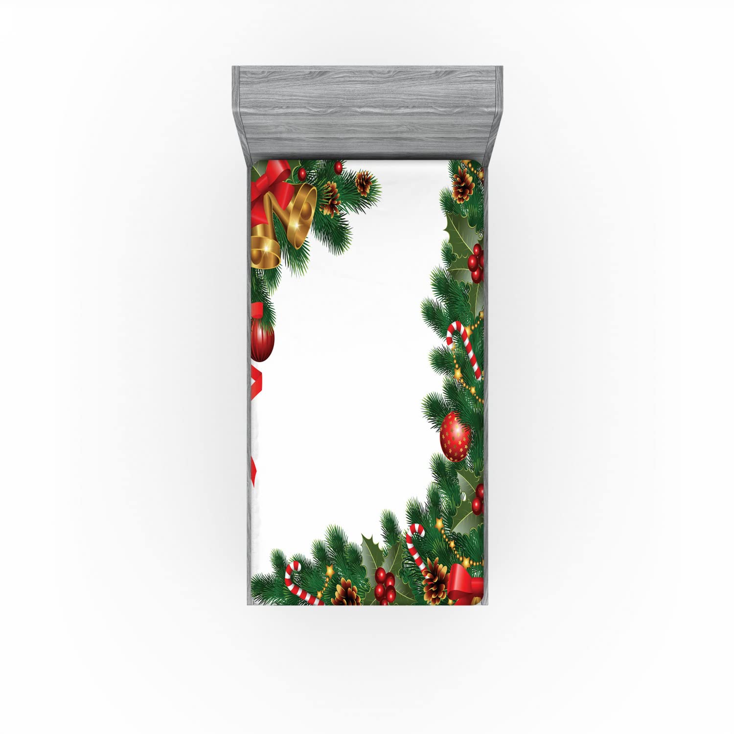 Ambesonne Christmas 2 Pack Fitted Sheet, Trees with Ornaments, Bed Cover All-Round Elastic Deep Pockets 2 Pieces, Package Contains 2 Twin Size Fitted Sheets, Forest Green