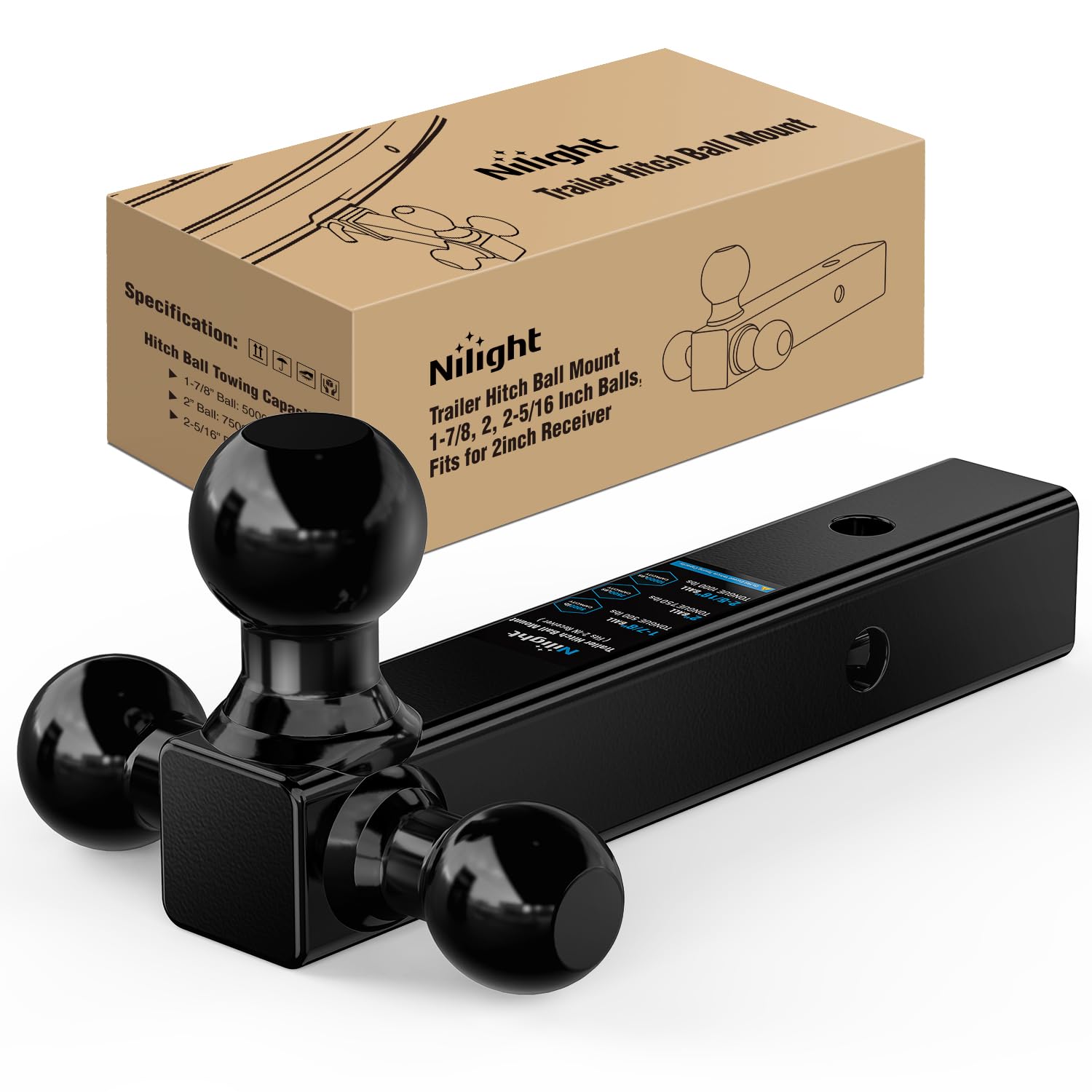 Nilight Tri-Ball Trailer Hitch Mount 1-7/8",2",2-5/16" Fits 2" Receiver