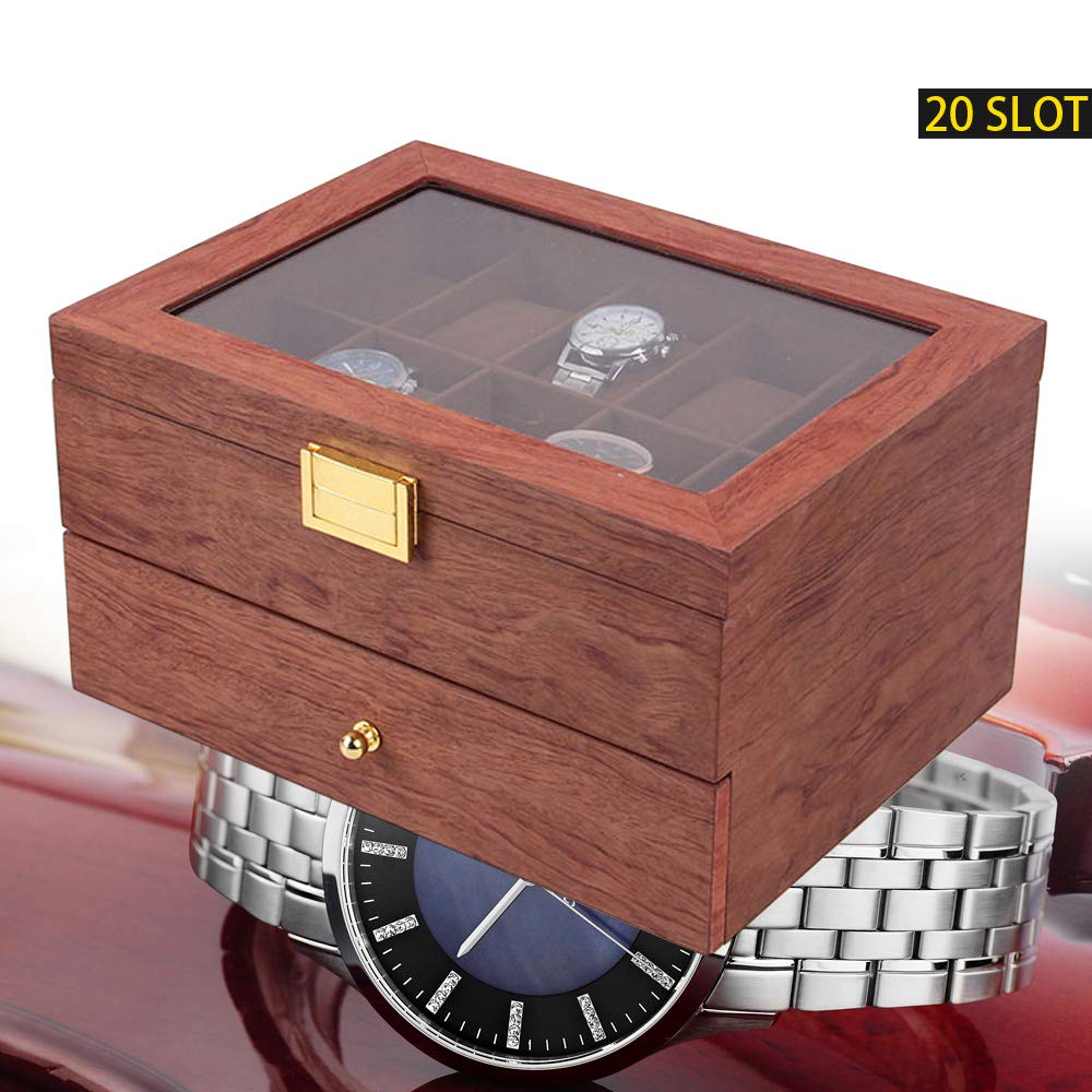 Caja de madera para relojes con cajón de valet, para 20 relojes de hombre, caja de reloj, cómoda, organizador con almacenamiento, 27 x 21,5 x 16 cm