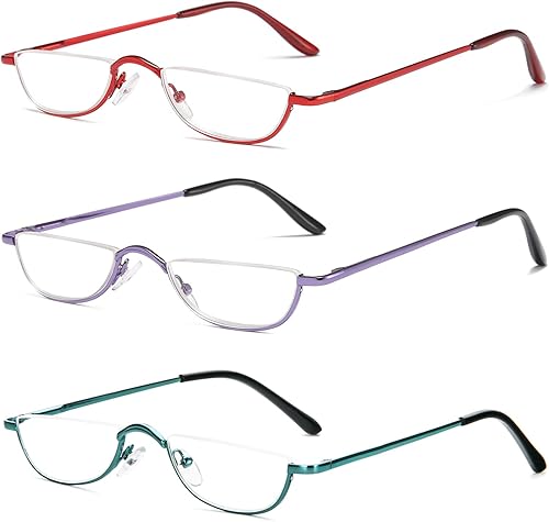 Miniatura 6 de DXYXYO Lentes de lectura de media luna para mujeres y hombres, pequeños lectores de bisagra de resorte de metal con marco semimonar