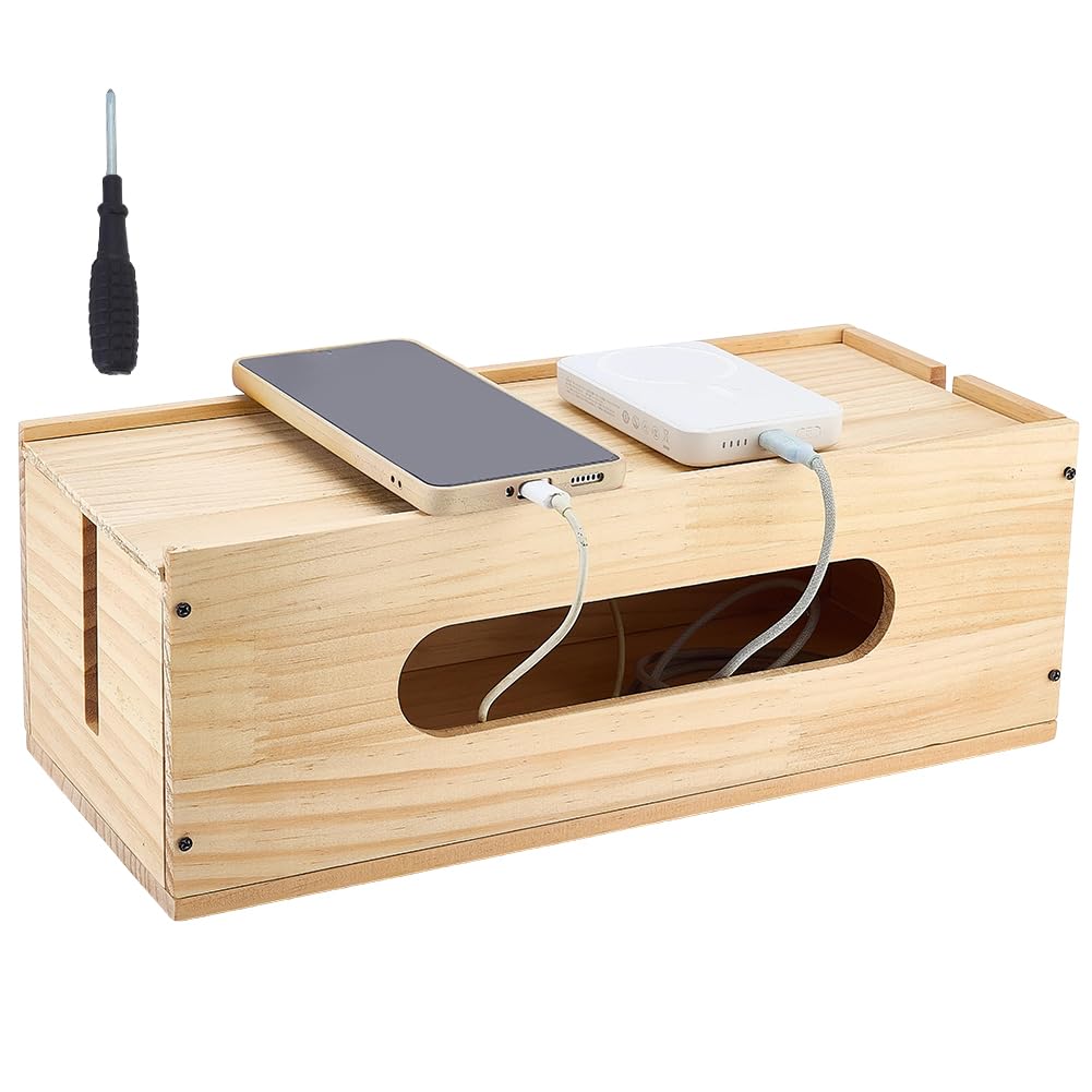 BENECREAT Boîte de rangement de câbles en bois avec couvercle - Couleur blé - 36,80 x 15,39 x 11,91 cm