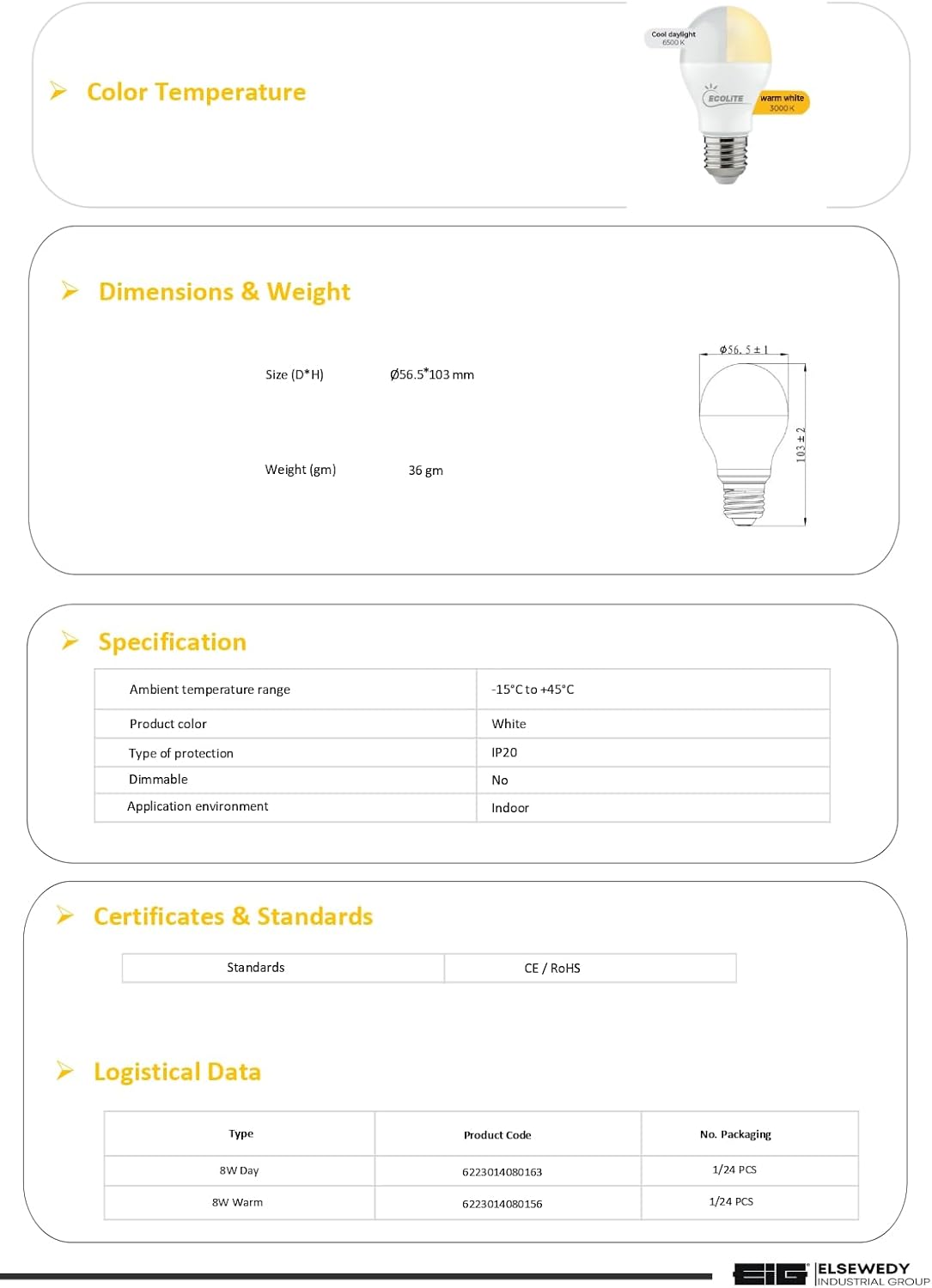 ECOLITE LED Bulb color temperature, dimensions, and specifications.
