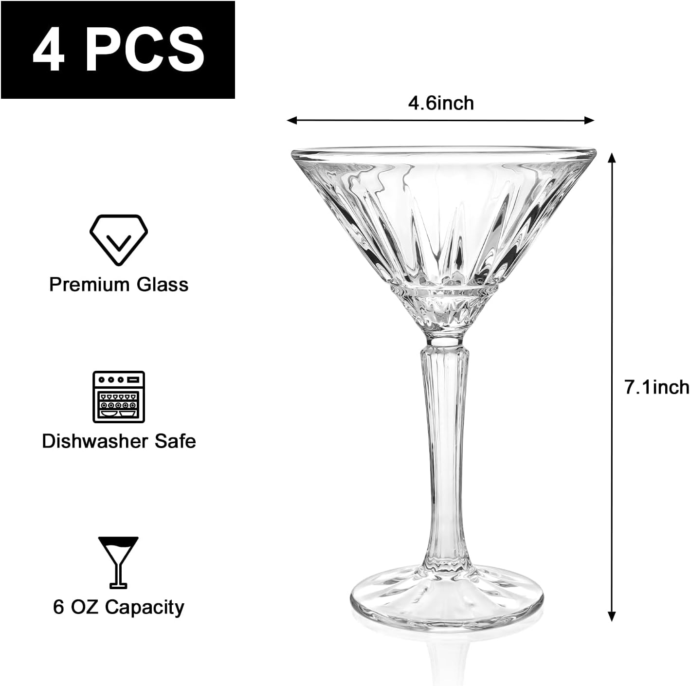 Martini Glasses Set of 4, 6oz Crystal Cocktail Glasses, Lead-free Stemmed Martini Glass for Cosmopolitan, Gimlet, Home Bar, Party