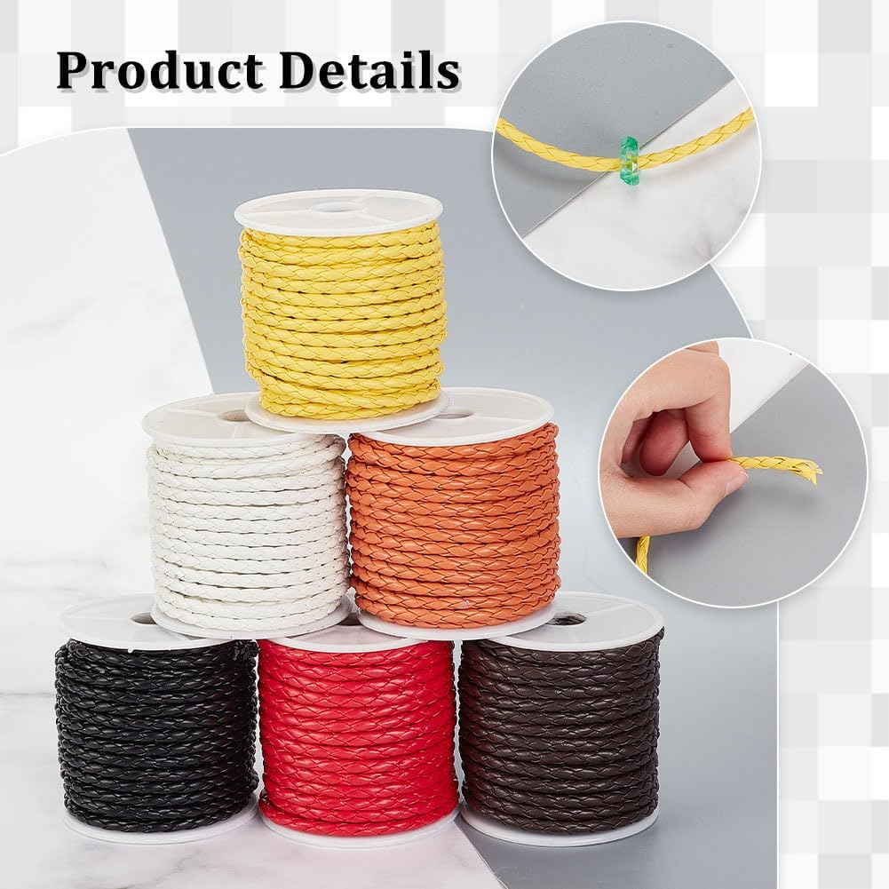 Ph Pandahall 65.6 Yards 4 Layers Round Braided Rope, 6 Colors 3.5mm Imitation Leather Rope for Decorations, Necklaces, Bracelets, Belts, Crafts Making