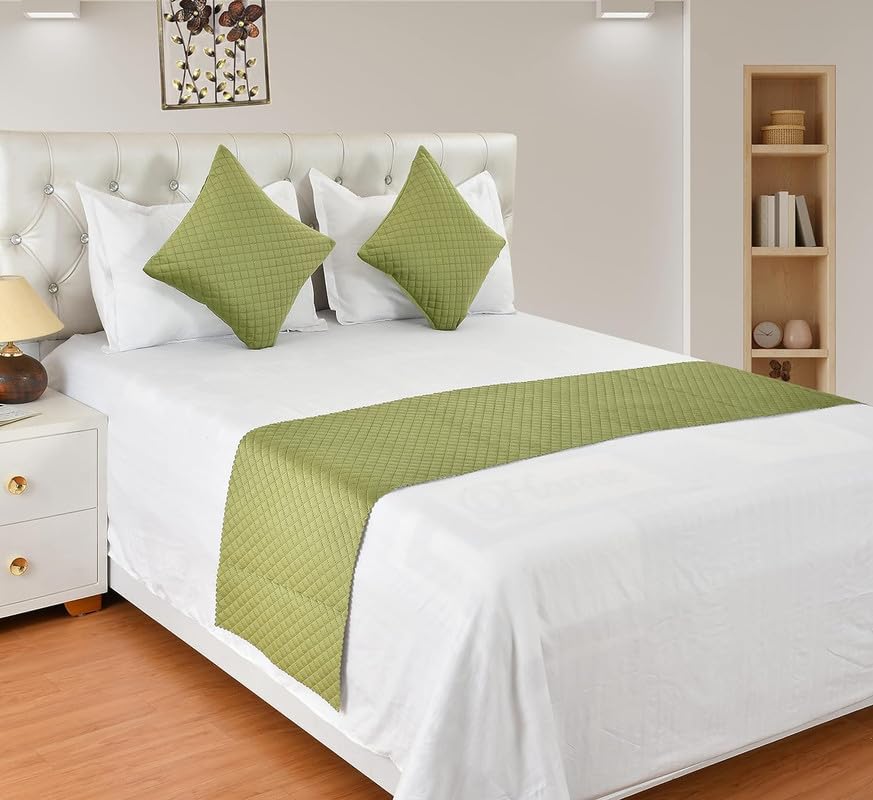 Hardeep Velvet Quilted Set of Bed Runner (16 x 96 inches) and 2 Cushion Covers (16 x 16 inches) Combo Set- Light Green-picture-27