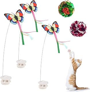 FAURAPMNG Interactive Butterfly Cat Toy Set, 3 Butterfly Replacements and 2 Crinkle Balls, Automatic Electronic Rotating Butterfly Toy with Roller Tracks Ball for Indoor Cats Exercise Kitten Toy