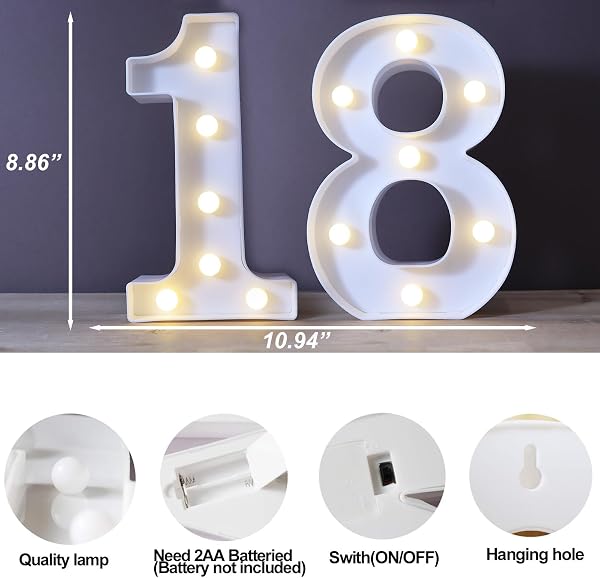 8.8" Decorative LED Light Up Numbers, Marquee Numbers Lights for 18th Birthday Decorations, Lighted Number Sign for Birthday Party Night Lights Anniversary Backdrop Home Decor, White Number 18 - 5
