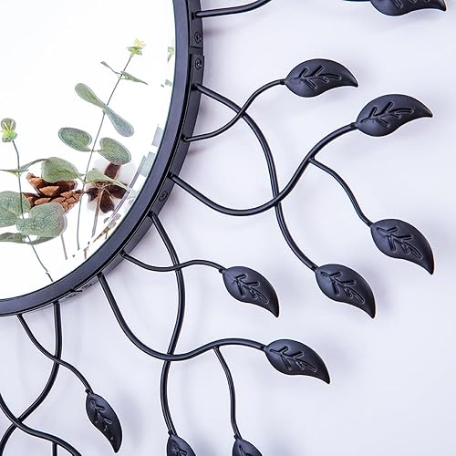 Miniatura 2 de Chende Espejo decorativo de pared de 32 pulgadas con hojas de metal, espejo negro para sala de estar con borde biselado, espejo glamoroso para