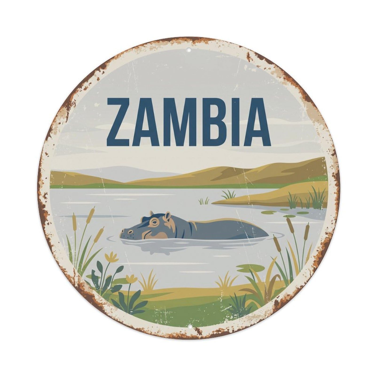 Zambia Hippopotamus Lake Shore Metal Tin Sign