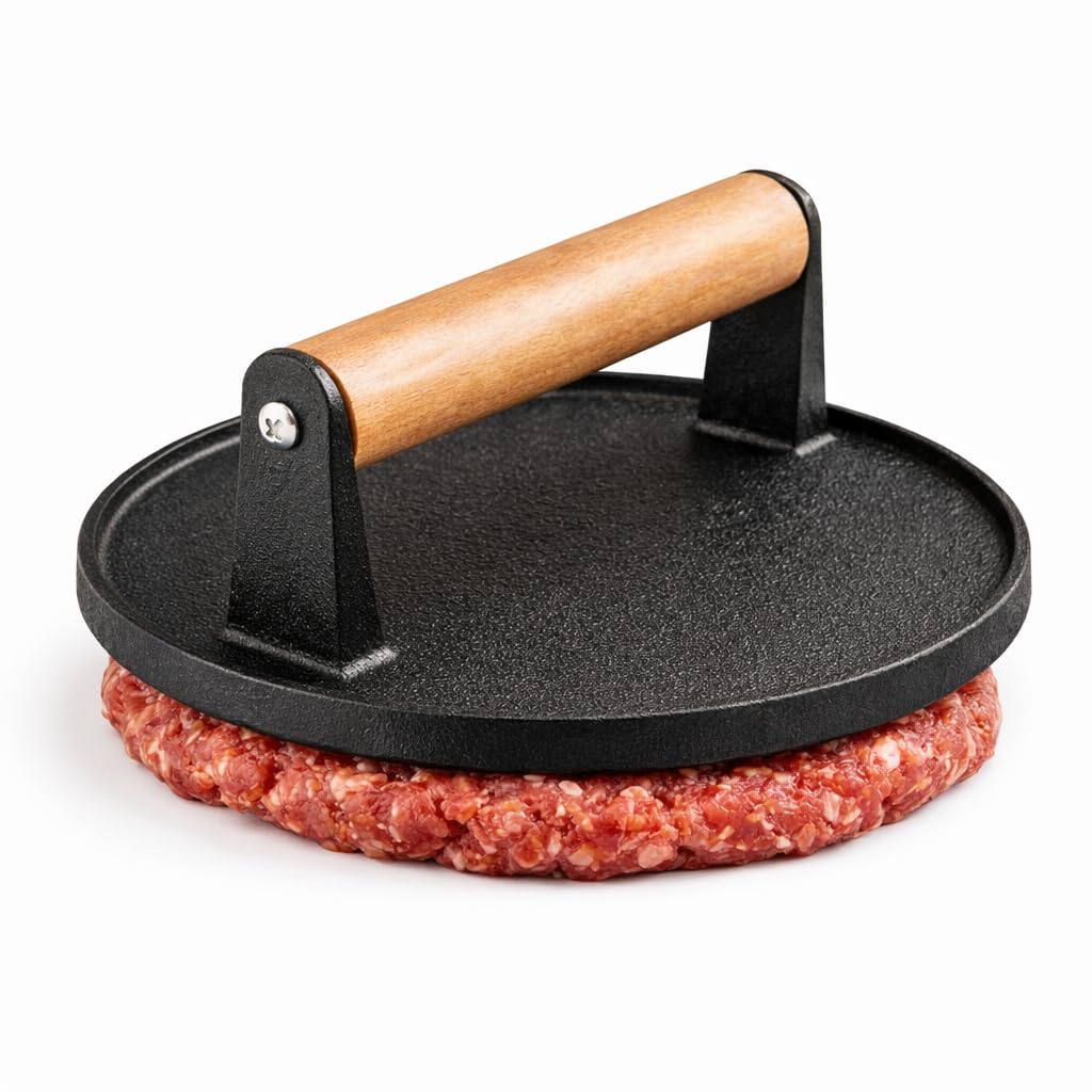 Cast Iron Burger Press Set, Round and Rectangular Grill Press with Wooden Handle, Circle
