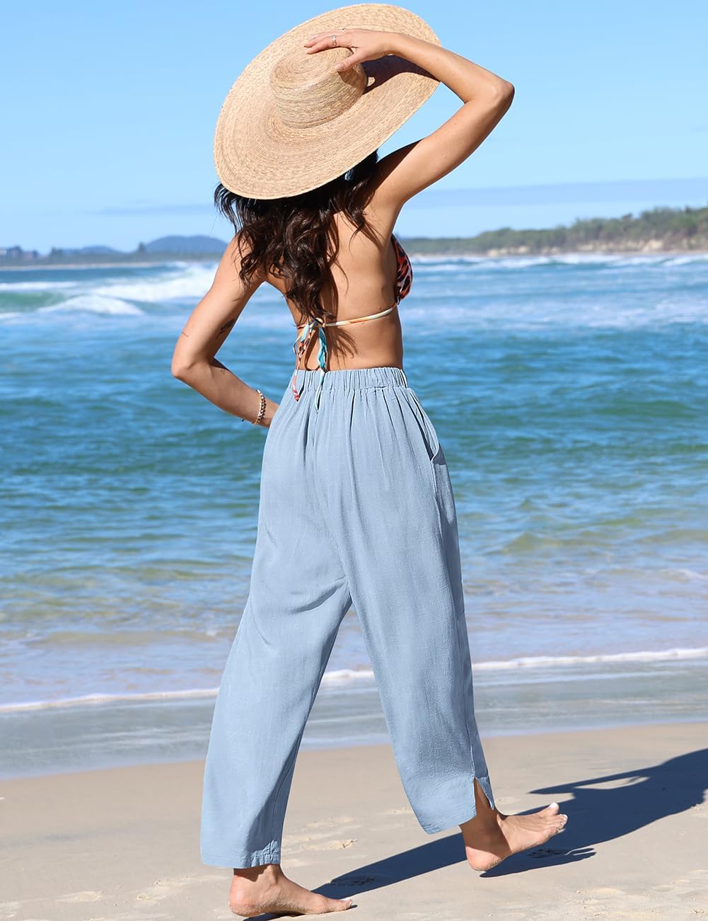 TARSE Women's Linen Harem Pants Casual Loose Fit Wide Leg Cropped Lightweight Drawstring Elastic Waist Pants with Pockets - Image 4