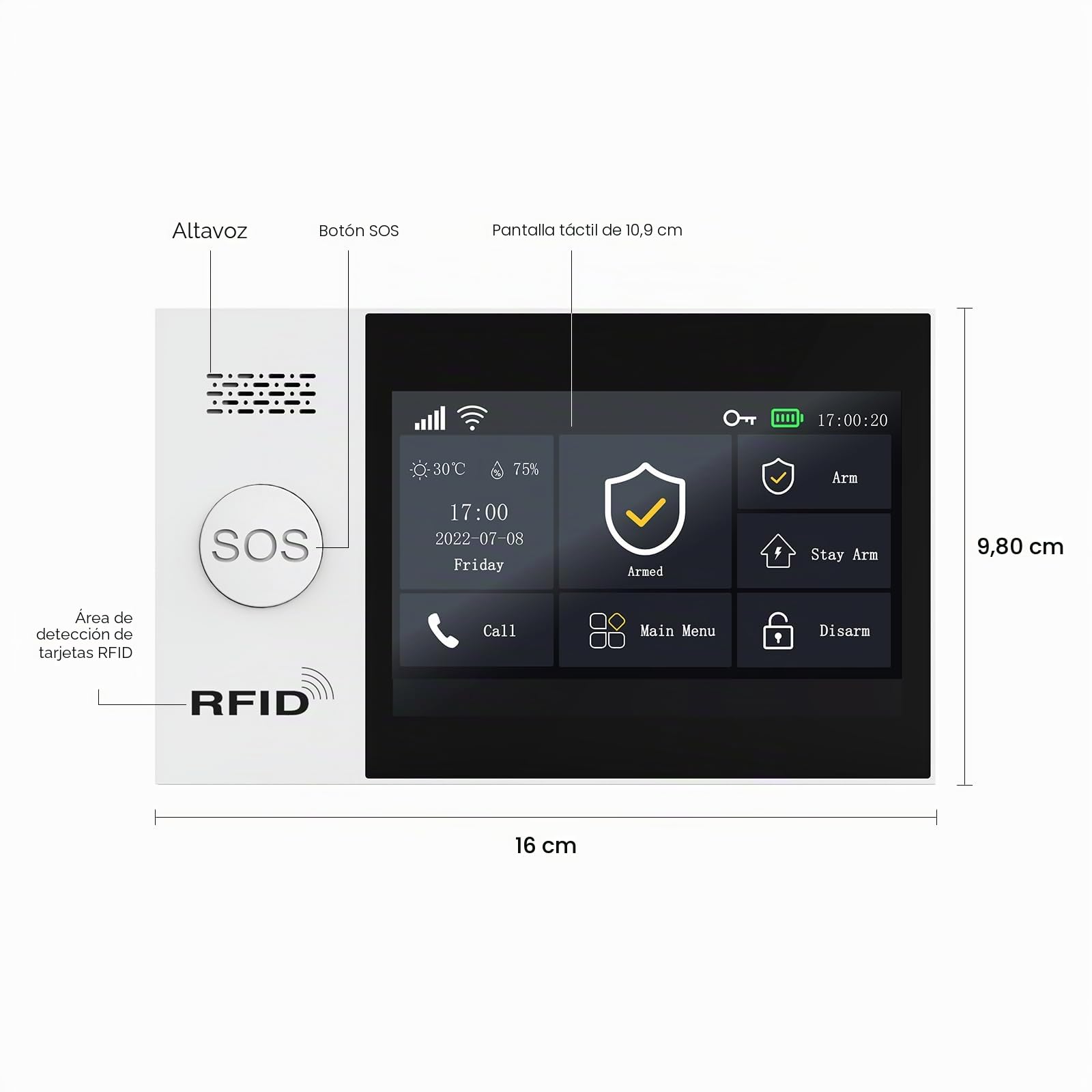 4.3'' Pantalla Táctil Alarm Kit de 16 Piezas, 4G/WiFi Sistema de Seguridad para el Hogar con Sirena de 120DB, Sensores de Ventana de Puerta, Detector de Movimiento, Controles Remoto