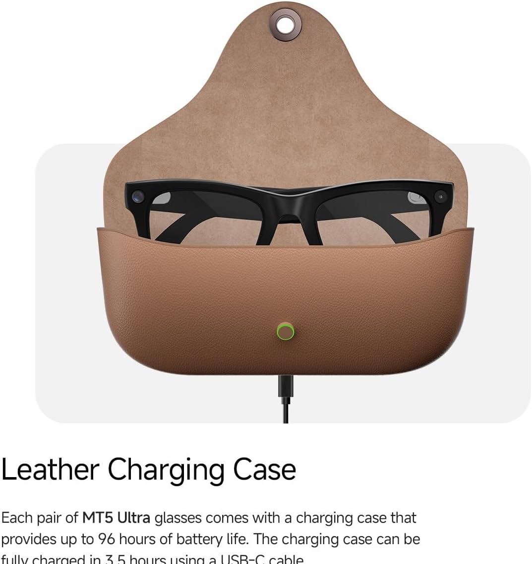 MT5 Ultra AI Smart Recording Glasses, First-Person View Camera, Multilingual Translation, Anti-Shake Video, Leather Charging Case (Black + Brown Leather Charging case)