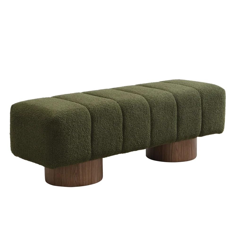 Boucle Fabric Upholstered Bench with Wood Legs – No-Assembly Dining,Polyester Upholstered Storage Entryway, Or Bedroom Ottoman (2 Seater) (Boucle Green with Teak Wood)-image-33