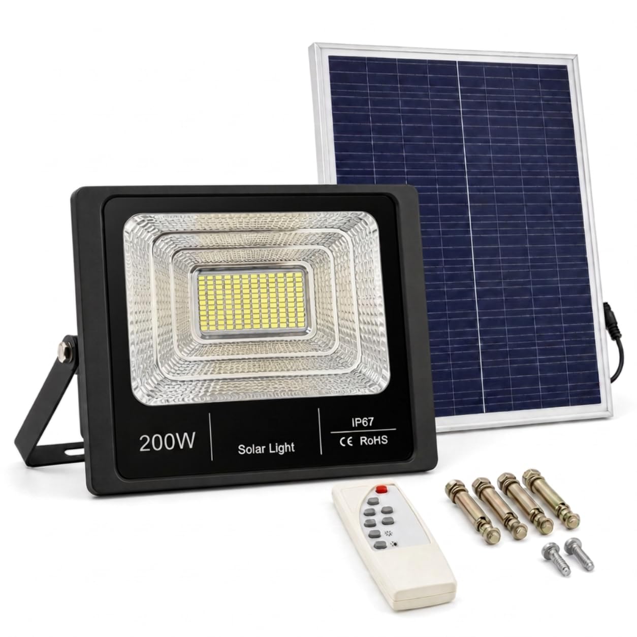 Faretto LED Solare Esterno con Pannello Solare | Luce Bianca 6500KTelecomando con Timer 4H/8H, Energia Solare, Uso Esterno, Pannello Incluso