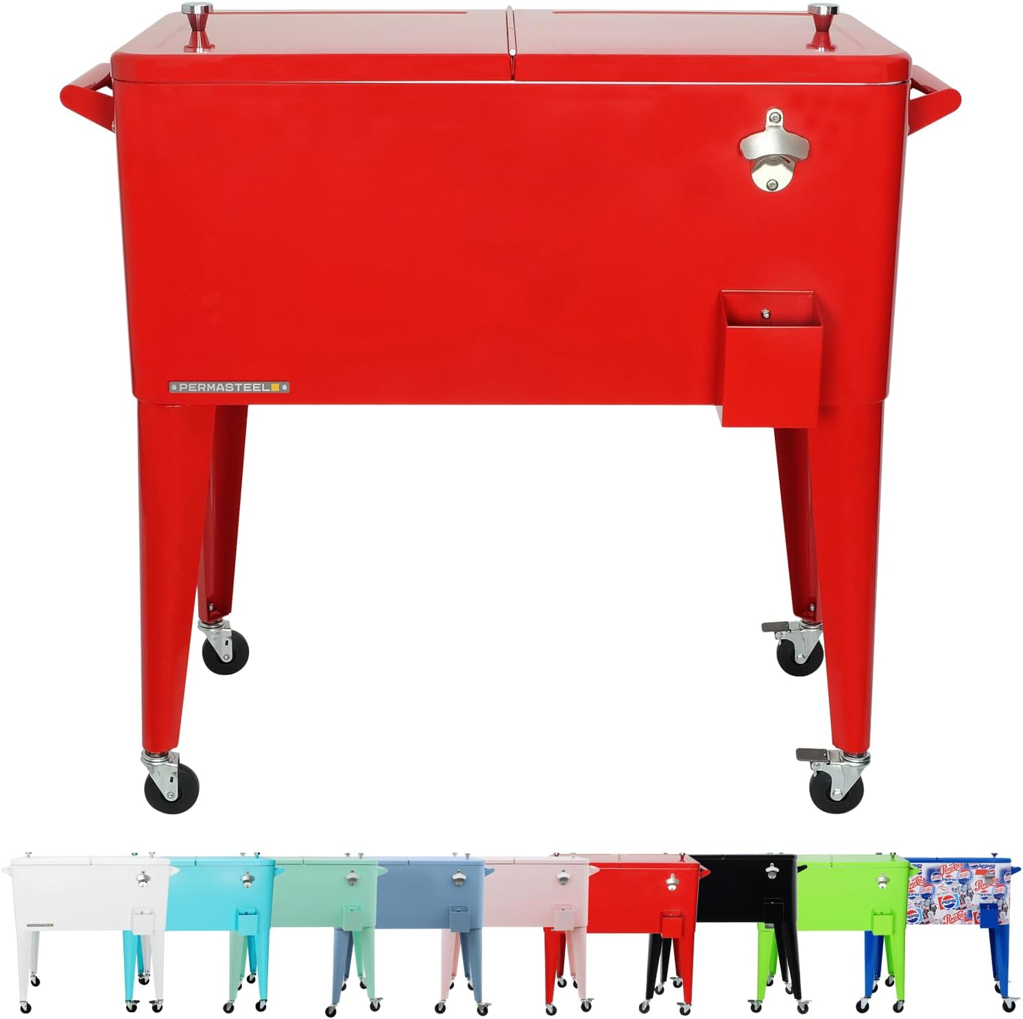 Permasteel 80-Qt Classic Outdoor Patio Cooler for Outside, Beverage Bar Cart With Wheels & Handles, Retro Design