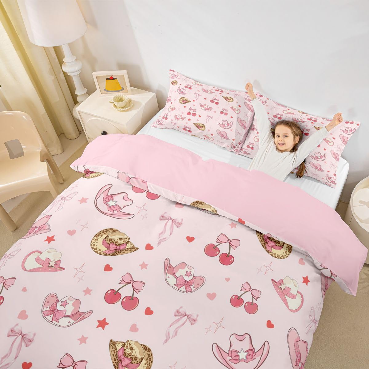 Homewish Set di biancheria da letto Kawaii con copripiumino per letto super king size, con fiocco, cowgirl western, per bambini, adolescenti, ragazze, graziosi cuori, stelle, cowboy