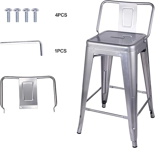 Vista 244 de GIA Taburete de metal con respaldo bajo de altura de mostrador de 24 pulgadas con asiento de cuero vegano, color plateado