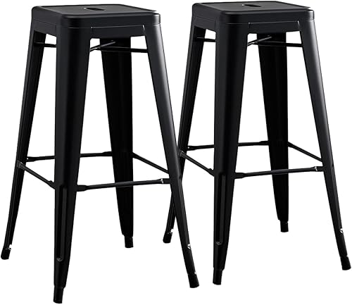 AC Pacific Juego de 2 taburetes de bar de metal sin respaldo de 30 pulgadas, estilo rústico campestre, construcción ligera y resistente, fácil Negro