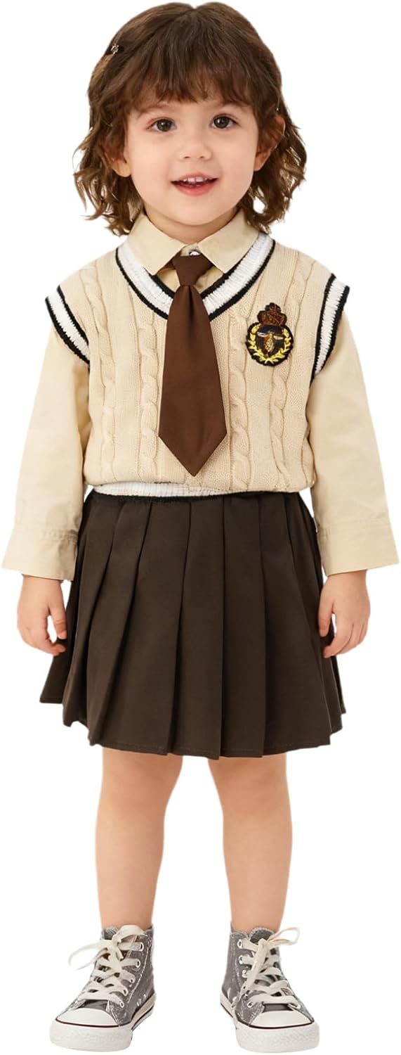 ACSUSS Little Girls Boys Preppy Outfits School Uniform Vest Bowtie Shirt with Pleated Skirt/Pants Set