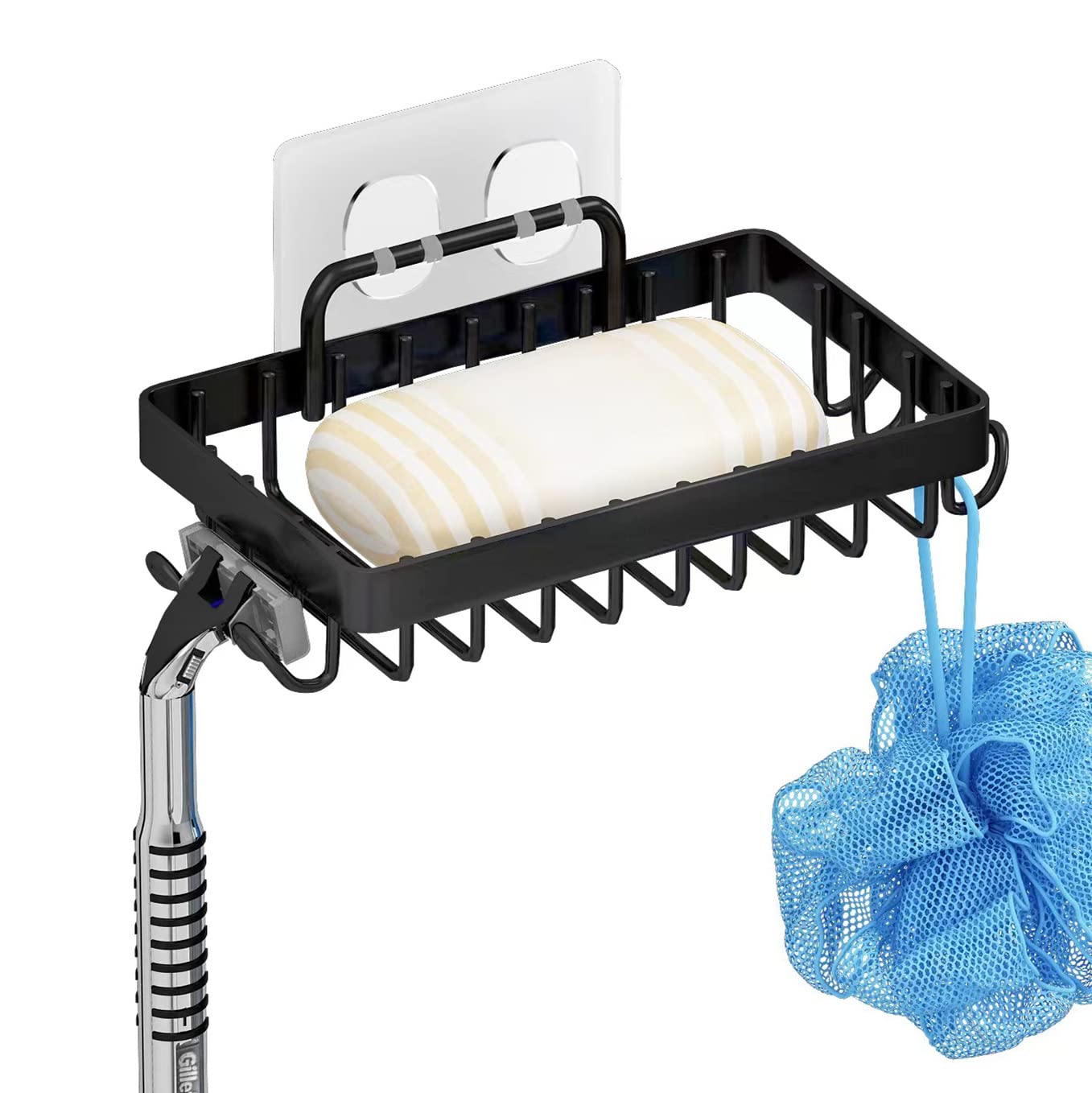 Shower Soap Holder with 4 Hooks, 304 Stainless Steel Adhesive Soap Dish, Black