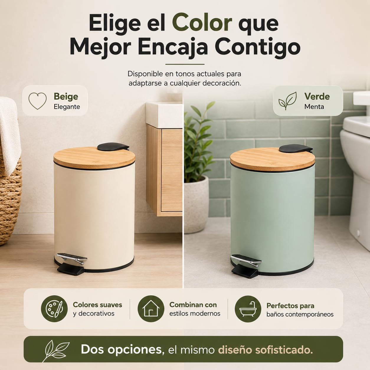TIENDA EURASIA – Papelera Baño | Metal + Tapa de Bambú | Capacidad 3L | Medidas 17x21x23.5 cm y Cubo Interior 16.8x16.8x18.2 | con Pedal (Beige)