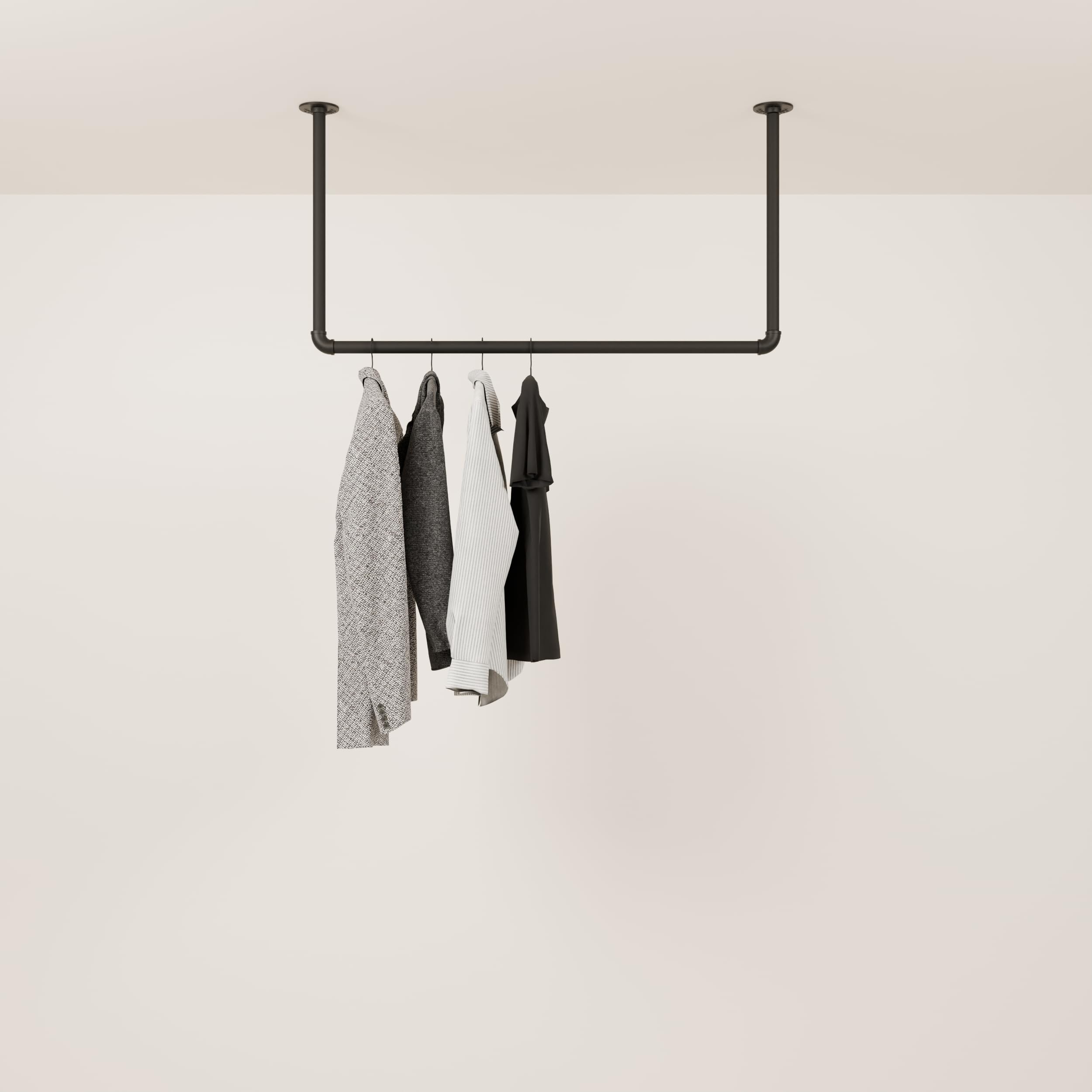 pamo Appendiabiti da Soffitto Industriale Nero – Barra Appendiabiti da Parete 105x54 cm I Attaccapanni da Muro Sospeso in Tubi Metallo – Cabina Armadio Aperta Stile Loft – Fino a 25 kg